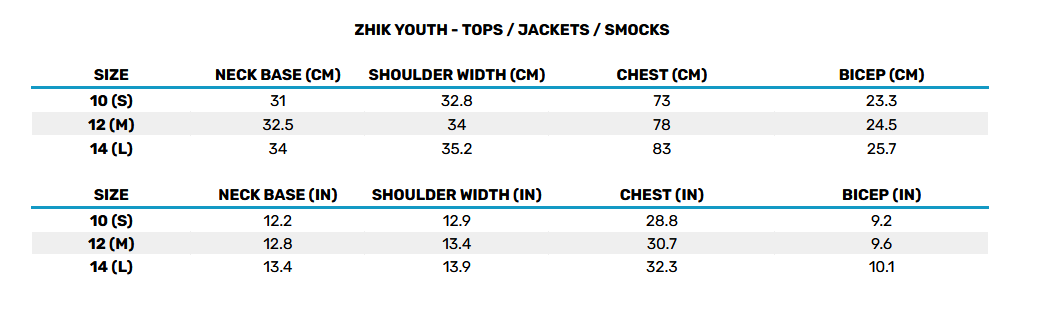 2025 Zhik Junior Tops / Jackets / Smocks 0 Size Chart